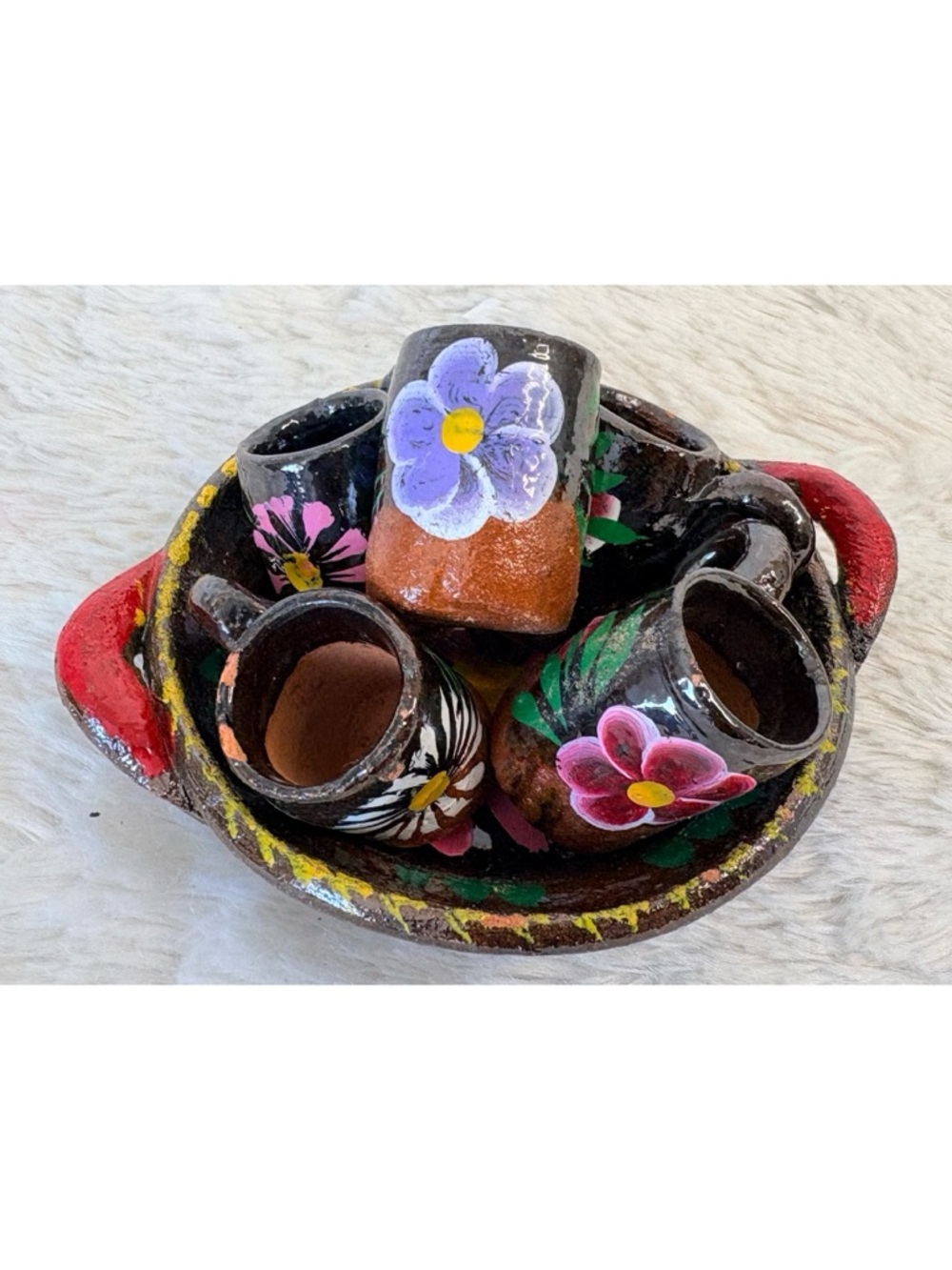 Jarritos de Barro Mexican Folk Art Handpainted Terracotta Mugs Set (5) with Bowl